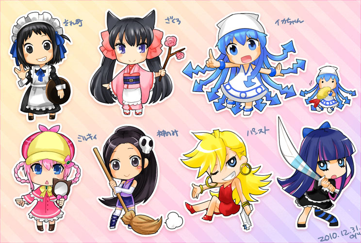 :d animal_ears arashiyama_hotori blue_hair blush_stickers bow bracelet braid branch broom chibi crossover dress earrings elbow_gloves elysia_de_lute_ima fox_ears gloves grin gun hair_bow hair_ornament ikamusume japanese_clothes jewelry kami_nomi_zo_shiru_sekai kimono maid maid_headdress mini-ikamusume multiple_crossover multiple_girls one_eye_closed open_mouth otome_youkai_zakuro oyuyamio panty_&amp;_stocking_with_garterbelt panty_(psg) pink_hair ponytail red_dress salute season_connection sherlock_shellingford shinryaku!_ikamusume short_dress shrimp smile soredemo_machi_wa_mawatteiru stocking_(psg) sword tantei_opera_milky_holmes tentacle_hair tray twintails vulcan_salute weapon zakuro_(otome_youkai_zakuro)