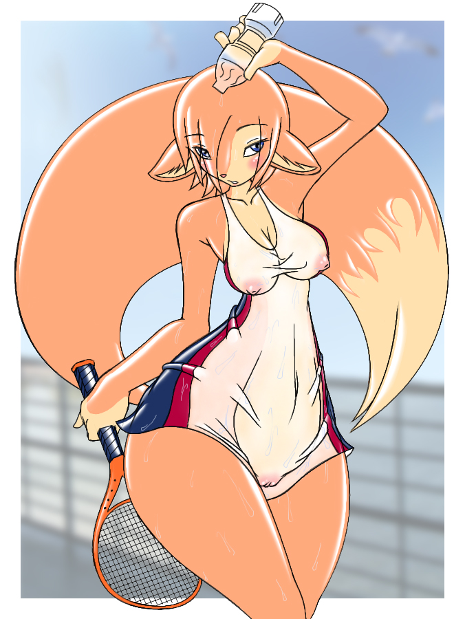 battle_franky blush breasts canine female fox pussy solo tail tennis thighs translucent water_bottle wet_shirt wide_hips