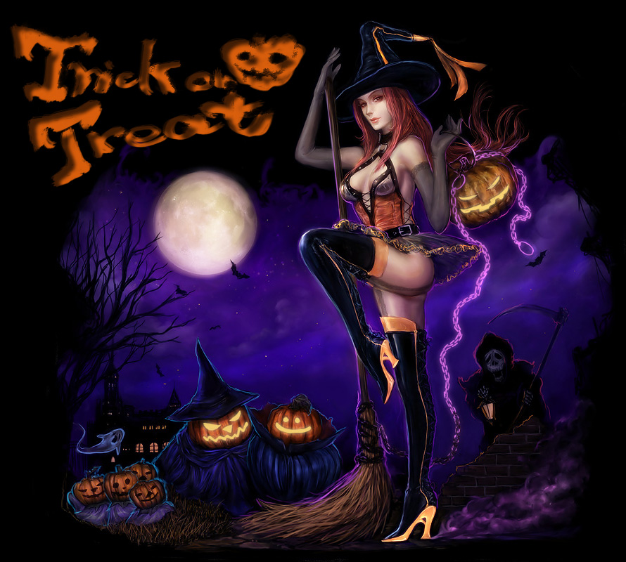 belt boots broom chain cross-laced_footwear elbow_gloves full_moon ghost gloves halloween hat high_heels lace-up_boots long_hair moon original pumpkin red_eyes red_hair scythe shoes skirt solo thigh_boots thighhighs tomoe_(artist) trick_or_treat witch witch_hat