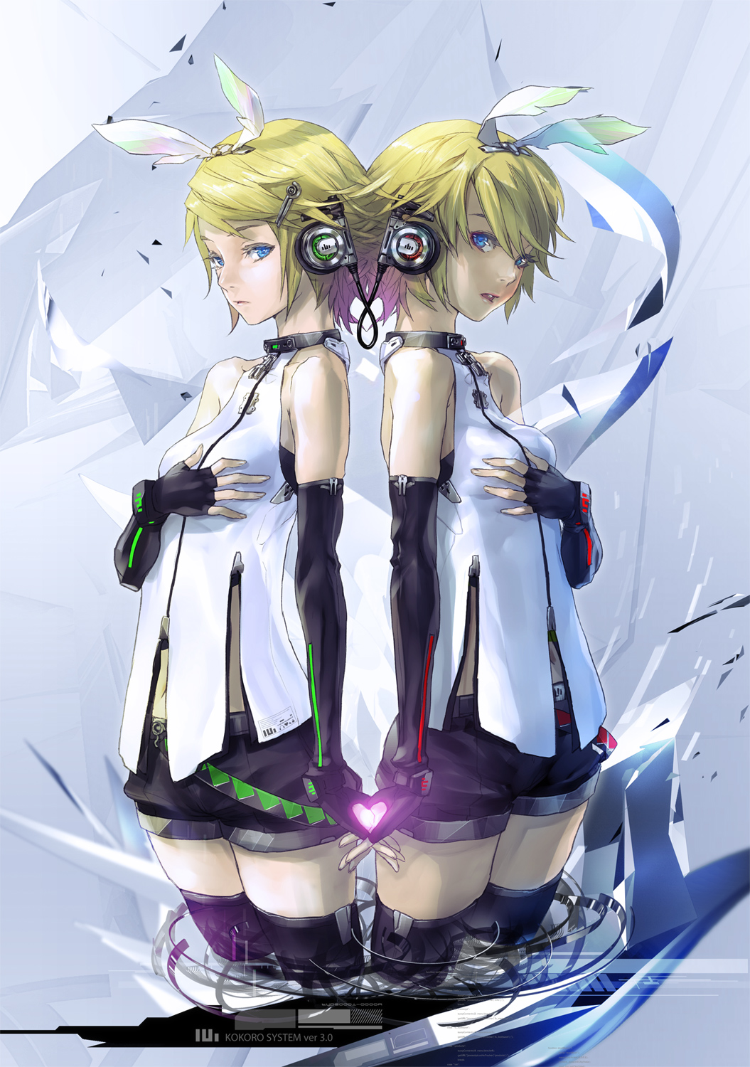 black_legwear blonde_hair blue_eyes elbow_gloves fingerless_gloves gloves hair_ornament hair_ribbon hairclip headphones heart highres holding_hands kagamine_rin kokoro_(vocaloid) md5_mismatch multiple_girls redjuice ribbon short_hair thighhighs vocaloid