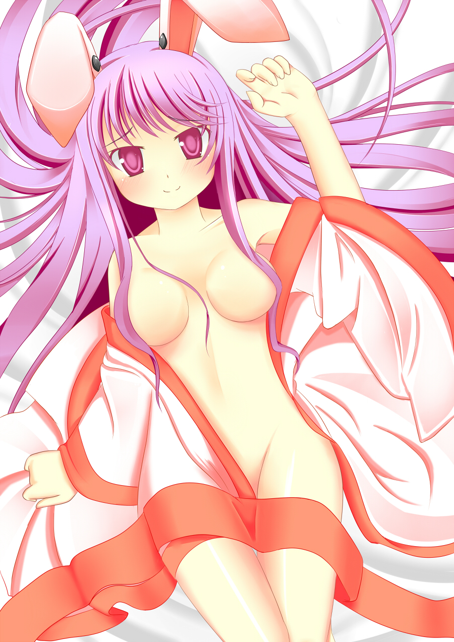 animal_ears blush breasts bunny_ears censored convenient_censoring godharo1 hair_censor hair_over_breasts highres japanese_clothes long_hair lying no_nipples on_back open_clothes open_shirt purple_eyes purple_hair reisen_udongein_inaba sash shirt smile solo touhou