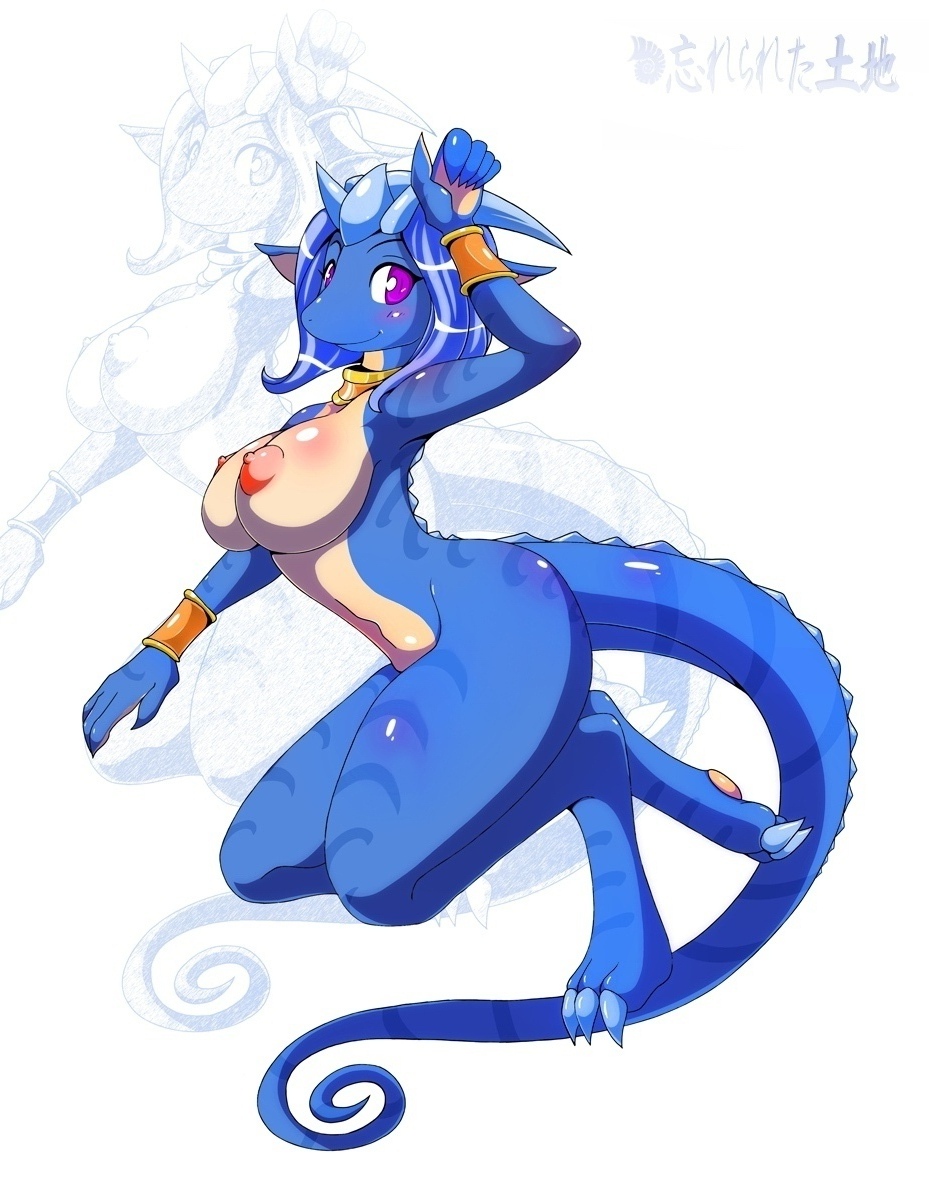 big_breasts blue blue_hair blush bracelet breasts choker claws digitigrade dragon female hair japanese_text jewelry kaceywyandotte looking_at_viewer nipples puffy_nipples purple_eyes reptile scalie solo stripes tail
