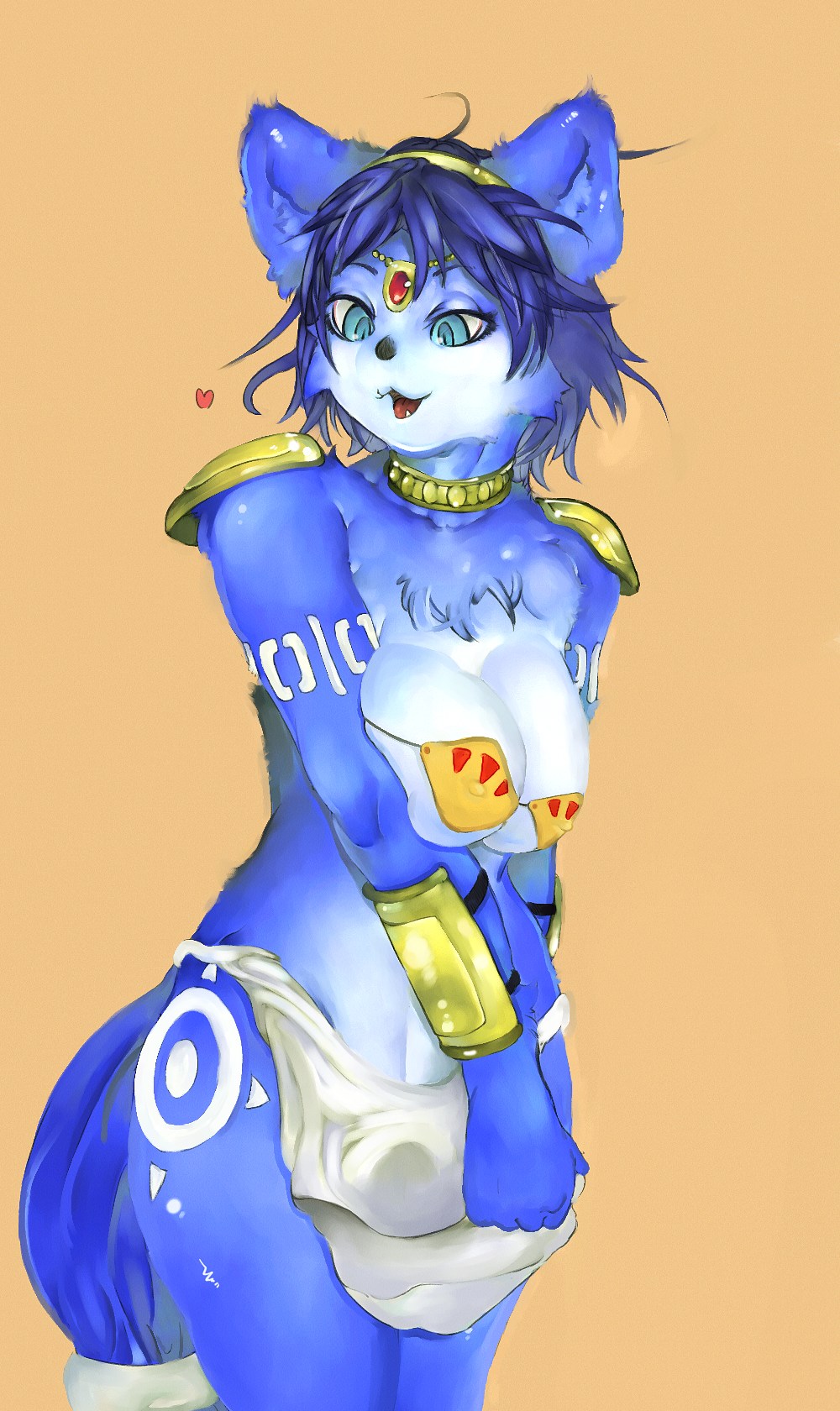 &hearts; blue blue_eyes blue_hair bracers breast_squish breasts canine chest_tuft cross-eyed fang female fox hair hairband krystal loincloth markings short_hair sindoll skimpy solo standing star_fox tail tail_band tight_clothing underwear video_games