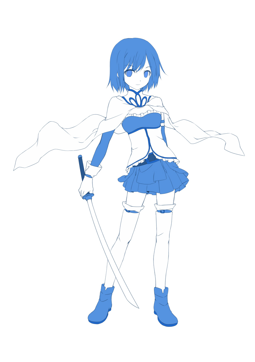 blue_eyes blue_hair boots cape gloves highres magical_girl mahou_shoujo_madoka_magica miki_sayaka monochrome solo sword thighhighs weapon white_gloves white_legwear