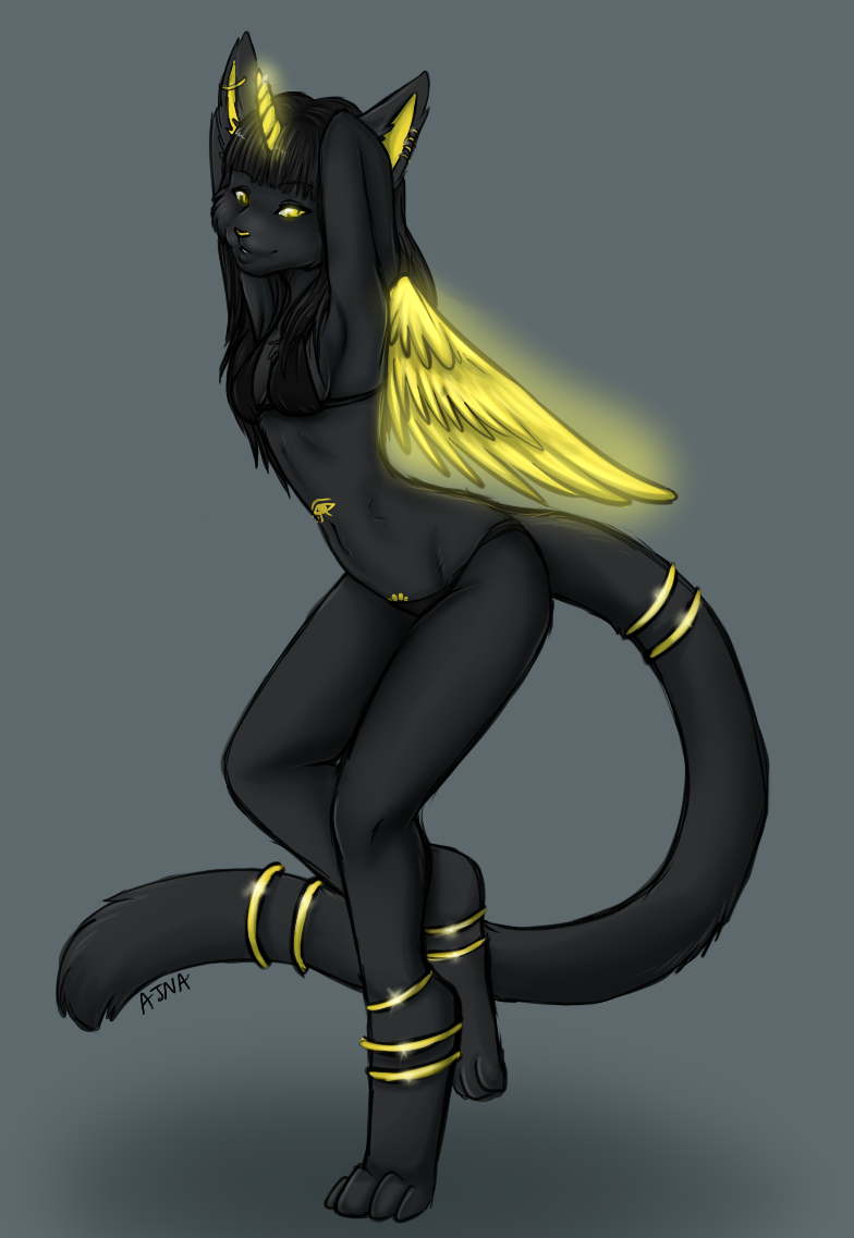 bikini cat clothed clothing cute egyptian feline female horn horns jewelry looking_at_viewer mammal miir miir_(character) piercing skimpy solo sphinx standing swimsuit tattoo wings yellow_eyes