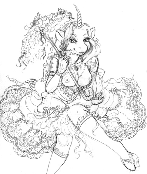 aura_(character) aura_moser bare_breasts breasts dress equine female frilly hooves lace parasol sketch solo stockings topless unicorn