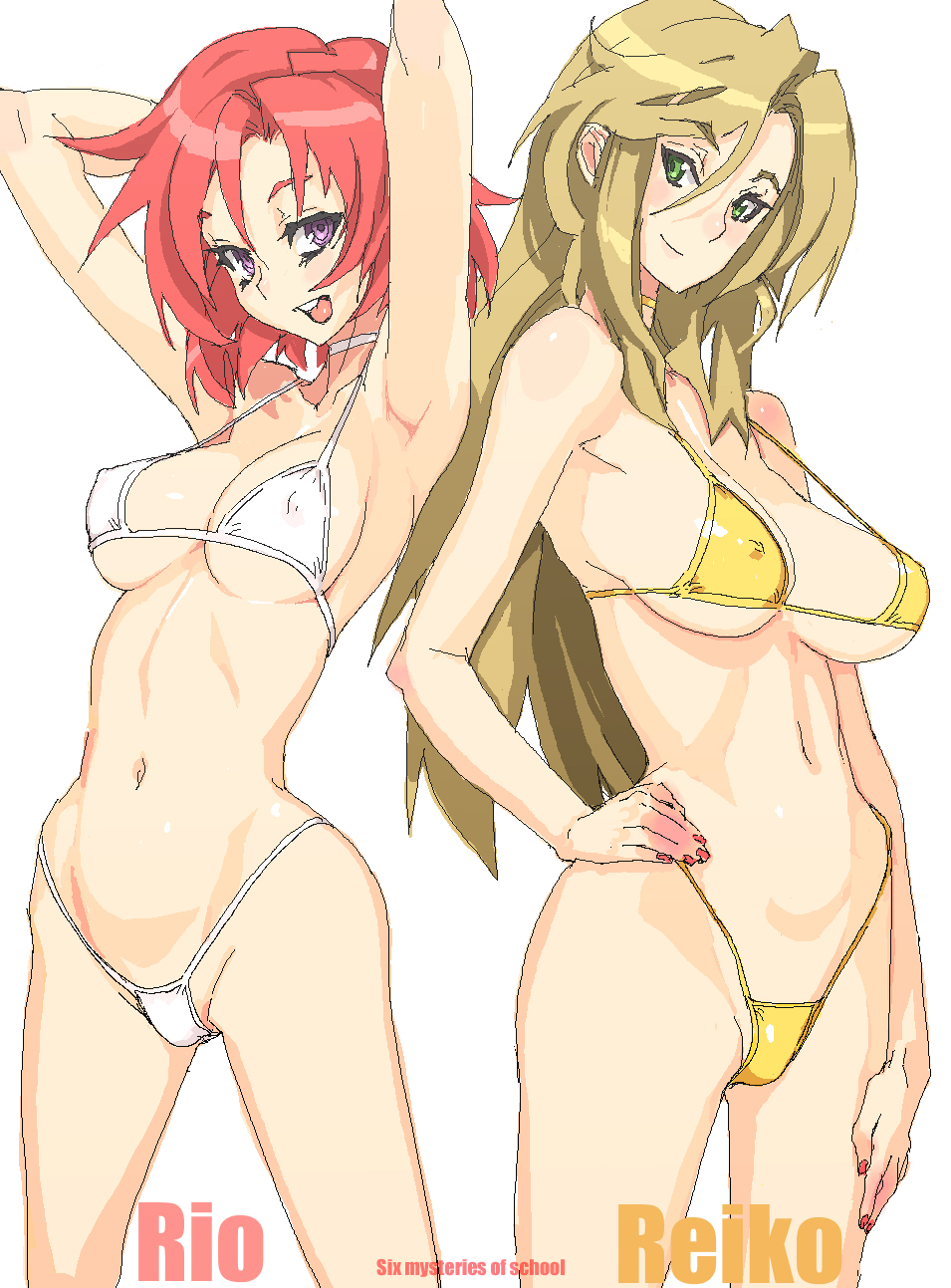 armpits arms_up back-to-back bad_id bad_pixiv_id bikini blonde_hair breasts copyright_request covered_nipples green_eyes hand_on_hip highres legs long_hair medium_breasts multiple_girls nail_polish pink_hair purple_eyes short_hair simple_background swimsuit vrkdh