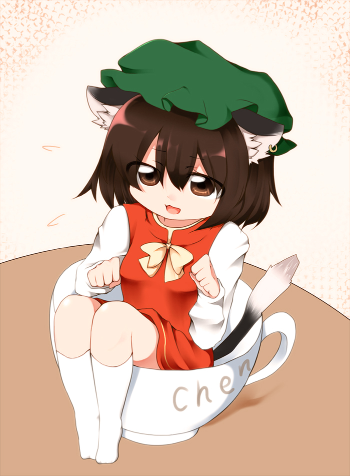 animal_ears brown_eyes brown_hair cat_ears cat_tail chen cup earrings hat in_container in_cup jewelry minigirl nanana_(chicken_union) paw_pose short_hair solo tail touhou