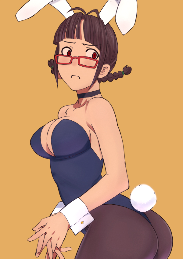 akizuki_ritsuko animal_ears ass bakushiishi_at bare_shoulders braid breasts brown_hair bunny_ears bunnysuit choker frown glasses hands_clasped idolmaster idolmaster_(classic) large_breasts looking_back orange_background own_hands_together pantyhose red-framed_eyewear red_eyes simple_background solo twin_braids wrist_cuffs