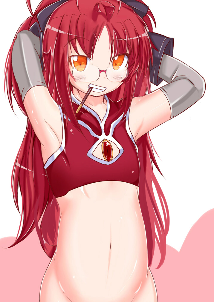 armpits arms_behind_head belly bespectacled bottomless flat_chest food glasses grin groin long_hair mad_(hazukiken) magical_girl mahou_shoujo_madoka_magica mouth_hold no_panties orange_eyes pocky ponytail red_hair sakura_kyouko smile solo stomach upper_body