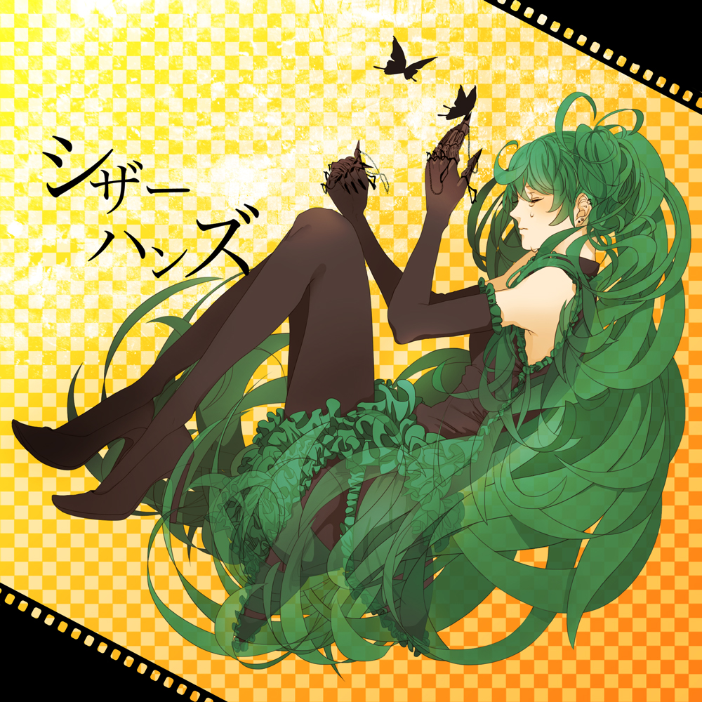 bad_id bad_pixiv_id checkered checkered_background claws closed_eyes den17 earrings elbow_gloves frills gloves green_hair hatsune_miku high_heels jewelry long_hair pantyhose scissorhands_(vocaloid) shoes solo very_long_hair vocaloid