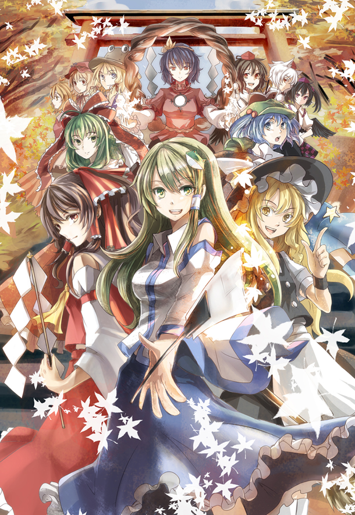 aki_minoriko aki_shizuha bangs hakurei_reimu himekaidou_hatate inubashiri_momiji kagiyama_hina kawashiro_nitori kirisame_marisa kochiya_sanae leaf mitsu moriya_suwako mountain_of_faith multiple_girls shameimaru_aya torii touhou yasaka_kanako