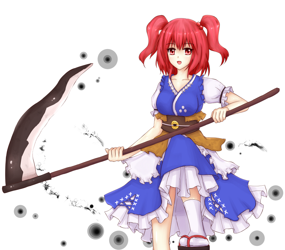 breasts hair_bobbles hair_ornament large_breasts onozuka_komachi open_mouth red_eyes red_hair scythe short_hair smile solo suikakitsu_shiro touhou two_side_up