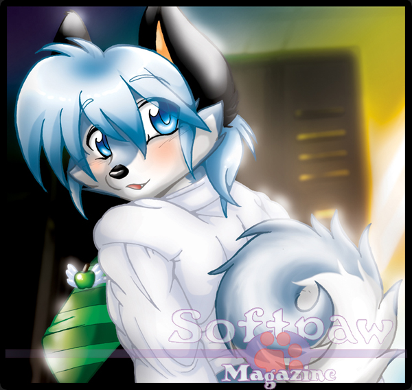 back blue_eyes blue_hair blush canine dog fang hair inuki looking_at_viewer male over_shoulder promotional_artwork raised_tail short_blue_hair short_hair solo standing tail white