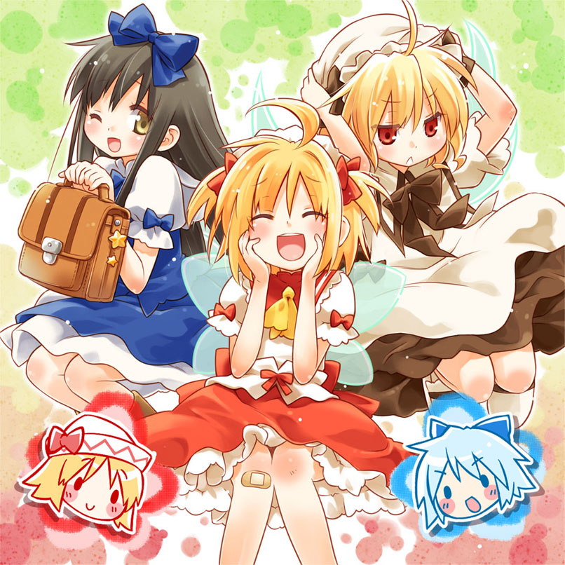 :&lt; bag bandaid bandaid_on_knee black_hair blonde_hair bookbag bow cirno closed_eyes eretto hair_bow hands_on_headwear hands_up hat holding inset lily_white luna_child multiple_girls one_eye_closed red_eyes smile star_sapphire sunny_milk touhou twintails yellow_eyes