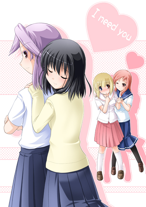 blazer blush fukuji_mihoko jacket kajiki_yumi kazekoshi_school_uniform kiyosumi_school_uniform multiple_girls pantyhose pleated_skirt purple_hair saki school_uniform serafuku skirt sumeragi_kou takei_hisa touyoko_momoko tsuruga_school_uniform yuri