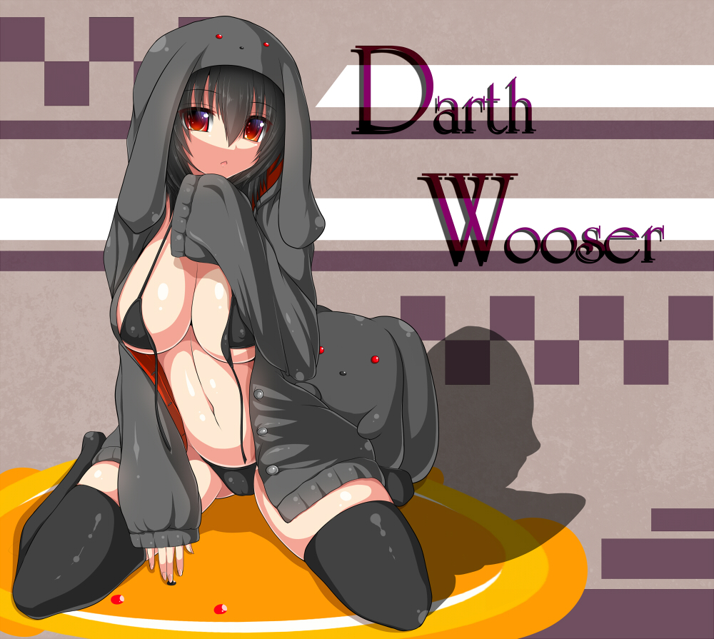 bikini black_hair black_legwear breasts cleavage commentary_request covered_nipples darth_wooser front-tie_top hood hoodie kneeling large_breasts long_sleeves open_bikini open_clothes original red_eyes short_hair sitting skindentation solo swimsuit syroh thighhighs untied wariza