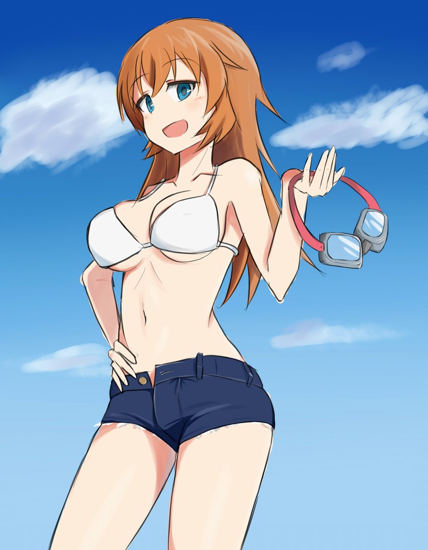 aiueo bikini_top blue_eyes breasts charlotte_e_yeager cloud cutoffs day goggles hand_on_hip large_breasts long_hair navel open_fly open_mouth orange_hair short_shorts shorts sky solo strike_witches underboob unzipped world_witches_series