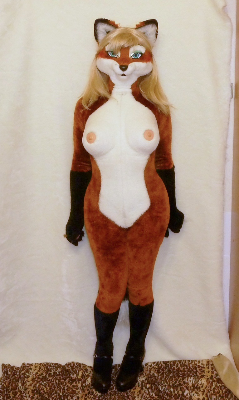 blonde_hair breasts canine costume female fox fursuit hair long_hair mammal nipples real solo vixen winfox