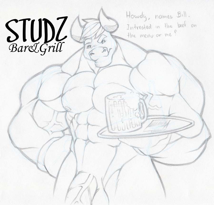 alcohol balls beer bovine bull grin horns looking_at_viewer male muscles nude penis sketch solo standing tkc2021