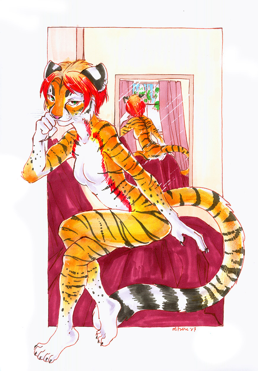 2007 back bed feline female mirror mitsene nude pinup solo teen tiger