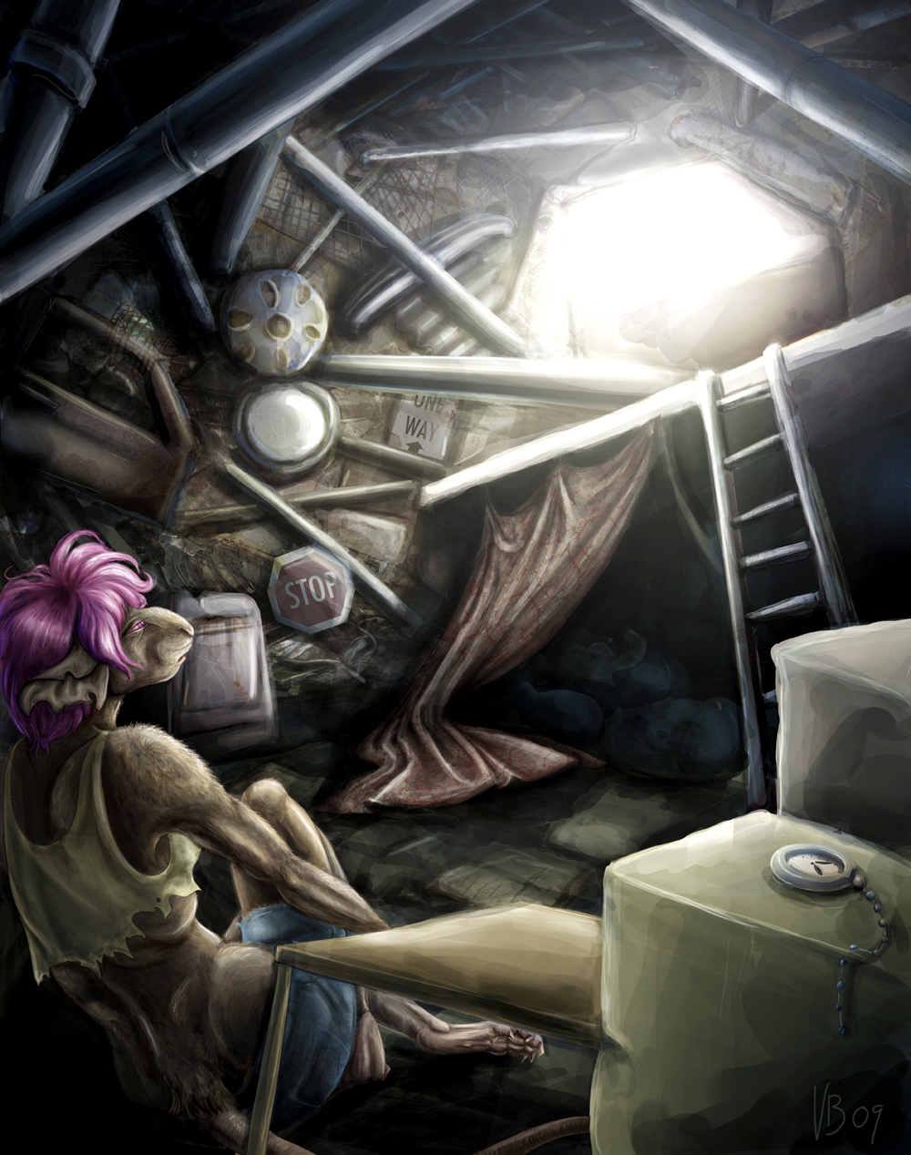 den_(lair) female hovel lair pocket-watch rat rodent scavenger solo time trace_(character) underground vivisectionbob waiting wreckage you_wait._time_passes.