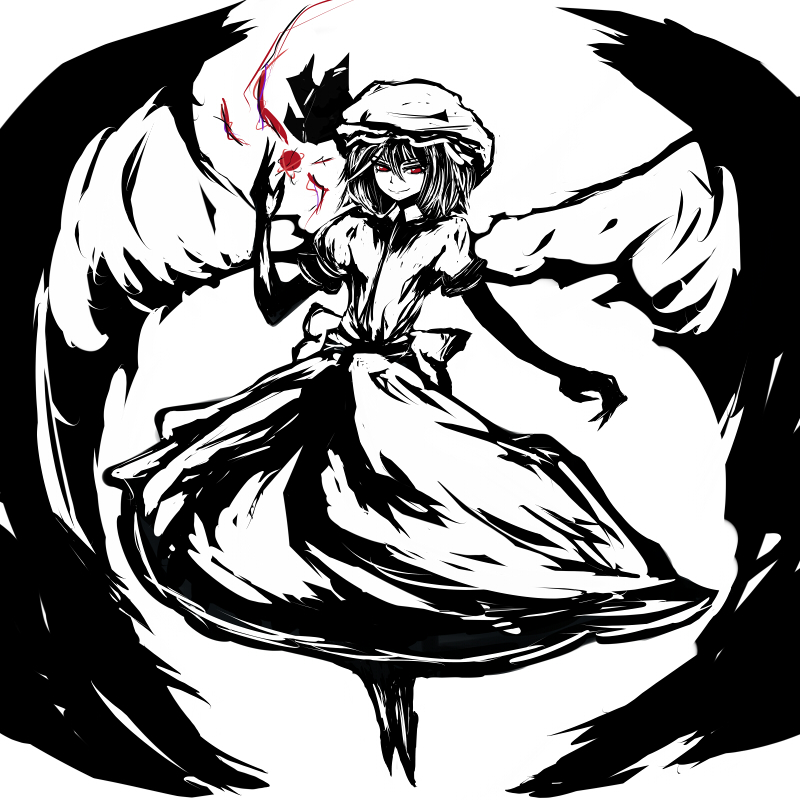 bad_id bad_pixiv_id bat_wings dress hat monochrome morise red_eyes remilia_scarlet short_hair smile solo spot_color touhou wings