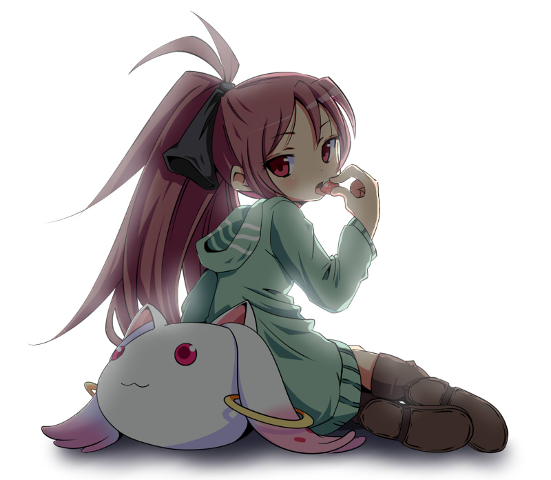 :3 animal_ears antenna_hair blush boots casual cat_ears character_doll doll earrings eating food from_behind fruit full_body hair_ribbon hood hoodie jewelry kyubey light long_hair looking_back mahou_shoujo_madoka_magica open_mouth pink_eyes pink_hair ponytail ribbon sakura_kyouko shadow simple_background sitting solo strawberry striped take_(office-t) thigh_boots thighhighs tongue