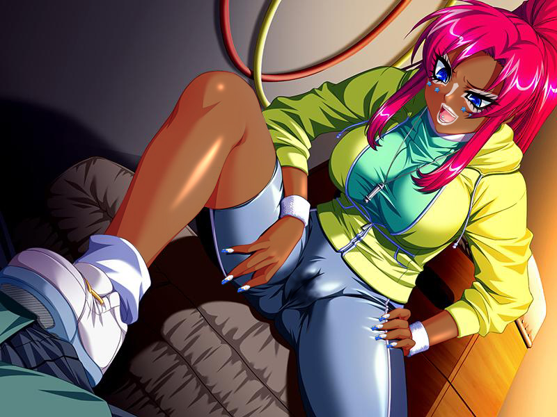 blue_eyes blue_nails breasts cameltoe dark-skinned_female dark_skin darkskin feet footjob ganguro large_breasts long_fingernails long_hair makeup nail_polish necklace open_mouth photoshop red_hair shoejob shoes shorts through_clothes wet white_nails