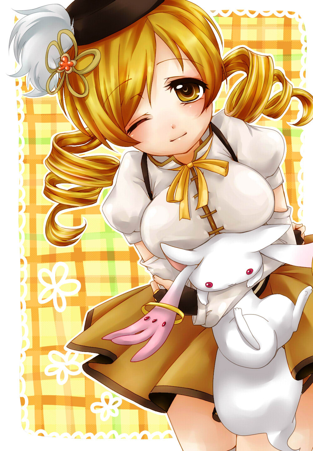 beret blonde_hair breast_rest breasts breasts_on_head carried_breast_rest drill_hair emu_(trigger) hat highres kyubey mahou_shoujo_madoka_magica medium_breasts one_eye_closed puffy_sleeves revision ribbon short_hair skirt tomoe_mami yellow_eyes