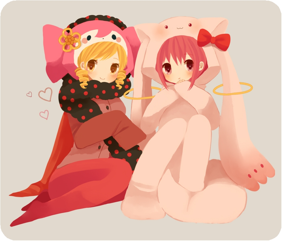 :t ayu_(mog) bad_id bad_pixiv_id blonde_hair blush bow charlotte_(madoka_magica) charlotte_(madoka_magica)_(cosplay) cosplay drill_hair kaname_madoka kyubey kyubey_(cosplay) mahou_shoujo_madoka_magica mami_mogu_mogu multiple_girls pink_eyes pink_hair polka_dot rounded_corners simple_background sitting tomoe_mami twin_drills twintails yellow_eyes