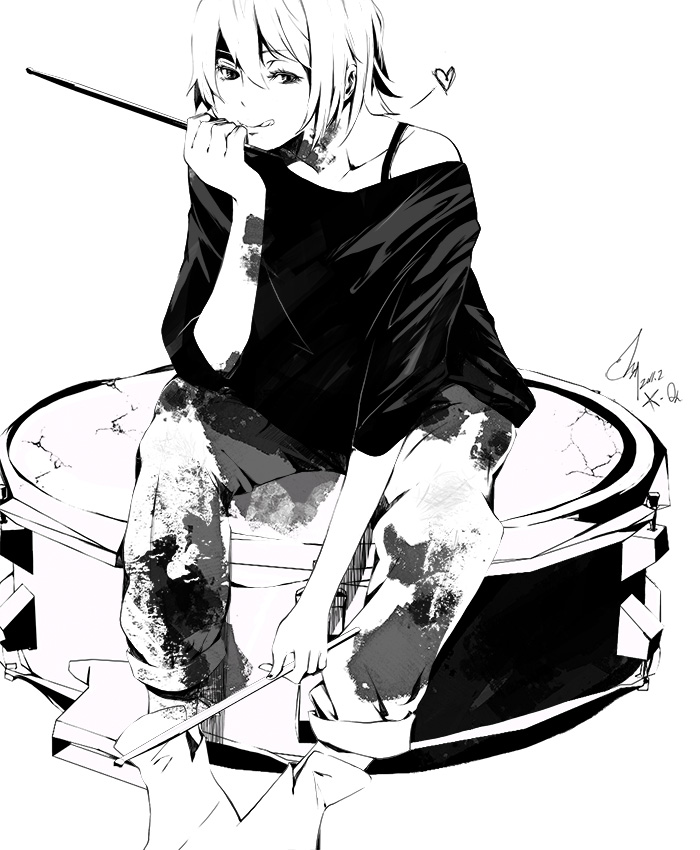 :p chin_rest drum drumsticks e.t._liu greyscale instrument k-on! monochrome off_shoulder oversized_object pants shirt short_hair signature sitting solo t-shirt tainaka_ritsu tongue tongue_out