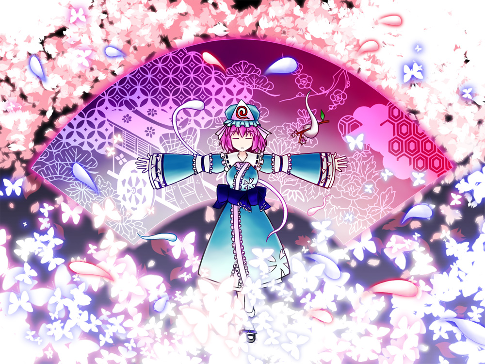 bug butterfly cherry_blossoms closed_eyes danmaku fan ghost goshoguruma hexagon hitodama insect japanese_clothes otogitsune outstretched_arms pink_hair saigyouji_yuyuko saigyouji_yuyuko's_fan_design shippou_(pattern) solo spread_arms touhou tree