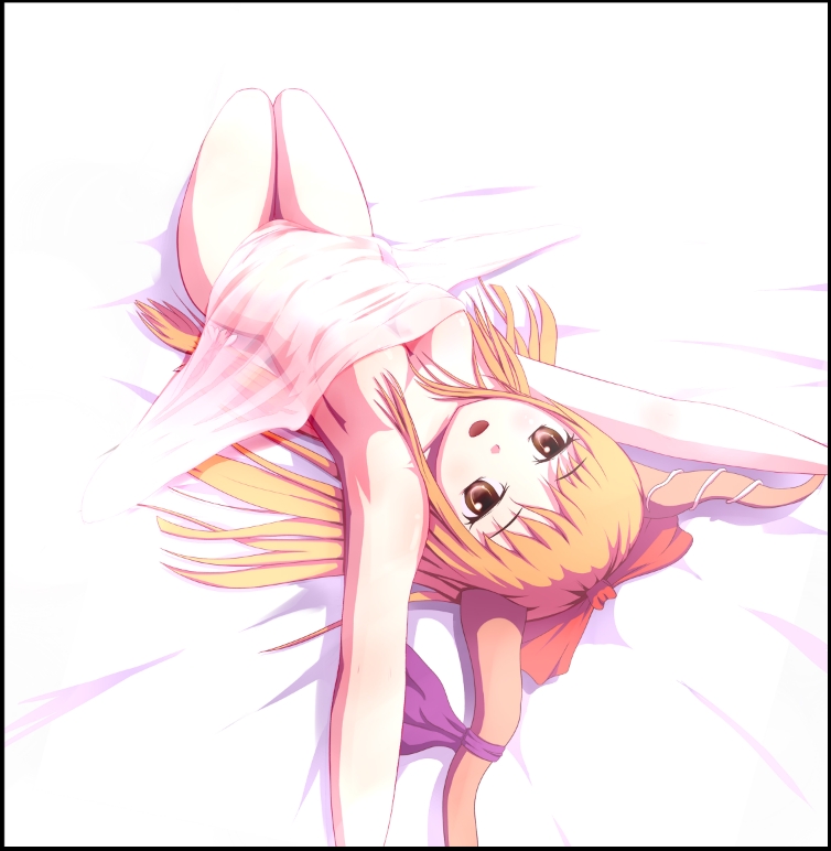 bed bed_sheet bow breasts brown_eyes cleavage from_above hair_bow horn_ribbon horns ibuki_suika long_hair looking_at_viewer lying medium_breasts mumuhi naked_sheet nude on_back open_mouth orange_hair perspective ribbon see-through solo thighs touhou upside-down
