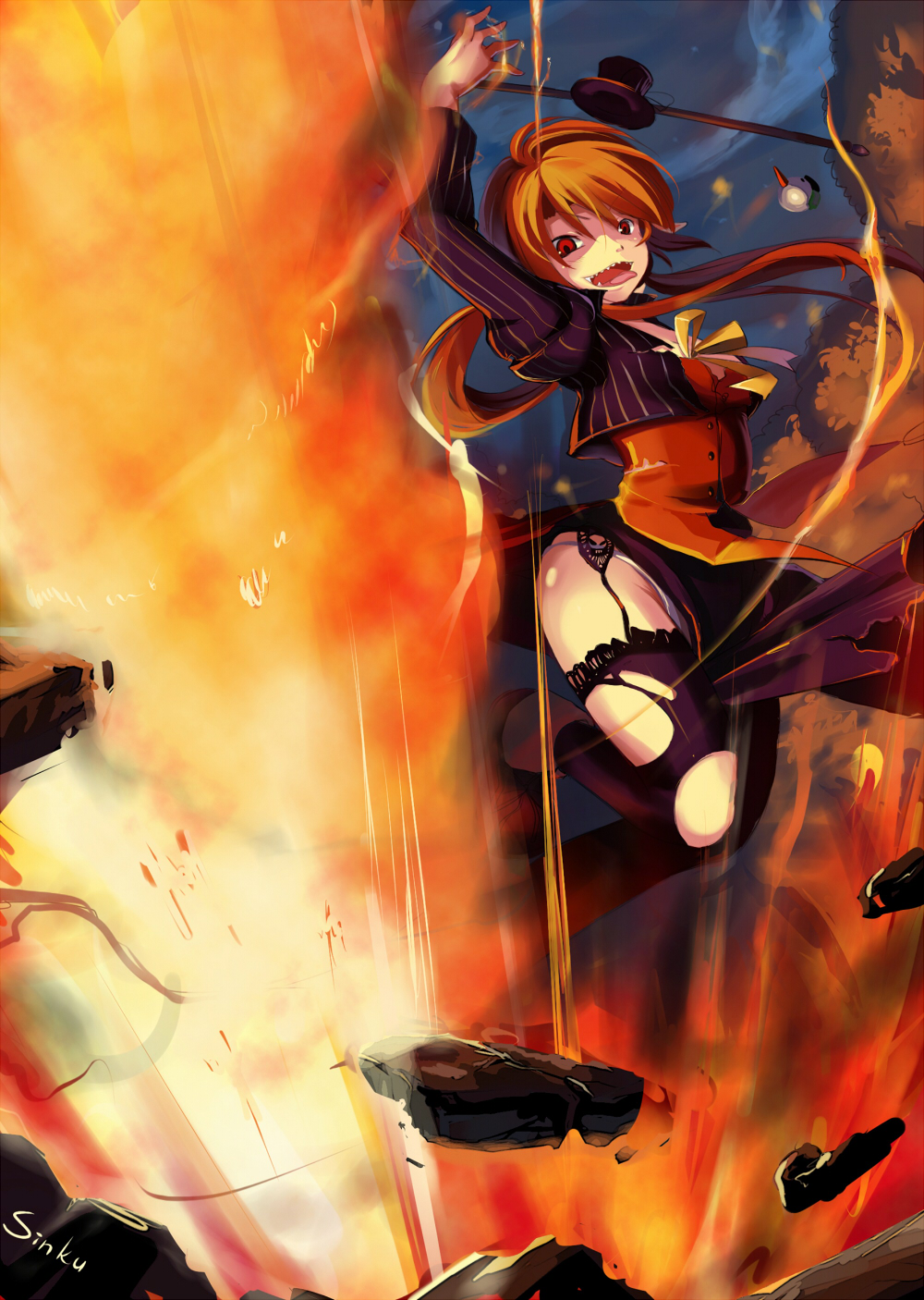 dfo dungeon_and_fighter dungeon_fighter_online eyes fire hat highres leggings mage mage_(dungeon_and_fighter) staff tongue torn_clothes tree yadamon_(neverland)