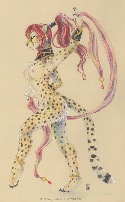breasts cheetah chest_tuft dancing feline female jewelry nude red_hair shinigamigirl solo