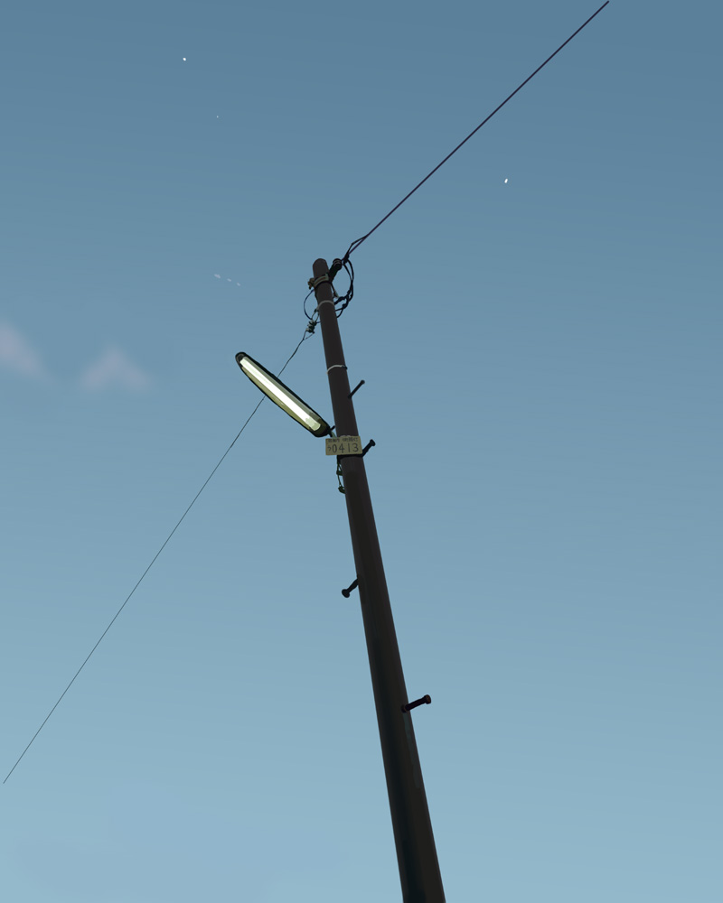 commentary_request lamppost mogg no_humans original power_lines sign sky star_(sky) telephone_pole twilight