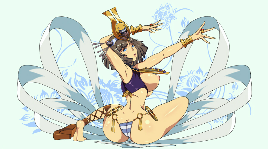 arms_up bandages black_hair blue_eyes breasts crown father_dimitry from_behind high_heels large_breasts looking_back menace nipples open_mouth panties queen's_blade sitting solo striped striped_panties thighs thong underwear wide_hips wrist_cuffs