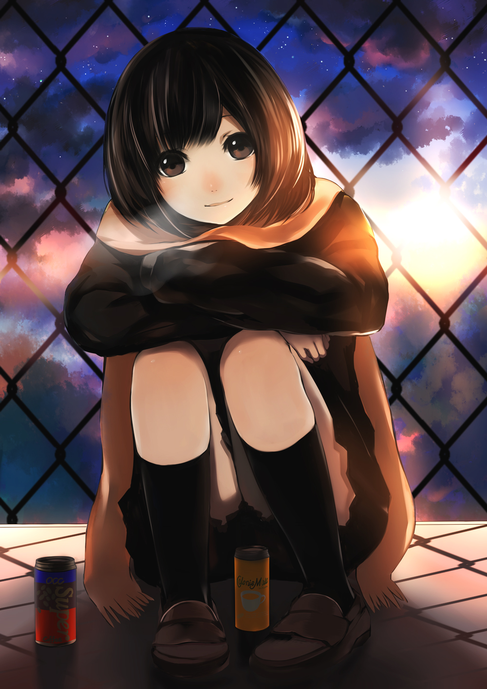 bangs brown_eyes brown_footwear brown_hair chain-link_fence commentary_request fence full_body highres loafers long_sleeves looking_at_viewer original outdoors product_placement scarf shoes short_hair solo squatting sunset tate_(donnguriumai)
