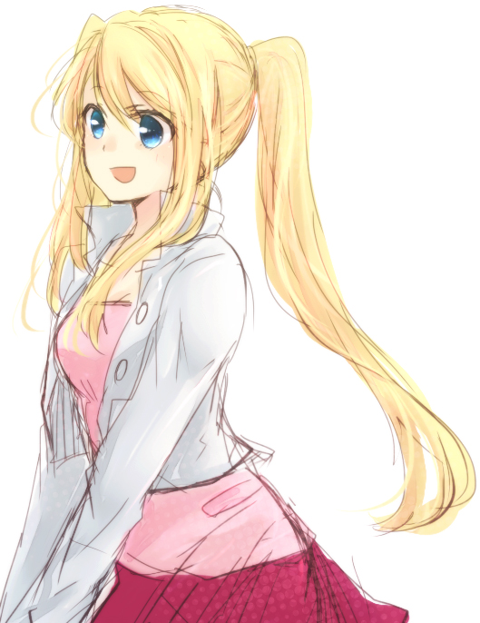 bad_id bad_pixiv_id blonde_hair blue_eyes fullmetal_alchemist jacket long_hair long_sleeves open_mouth ponytail popped_collar simple_background sketch skirt smile solo tsukuda0310 winry_rockbell