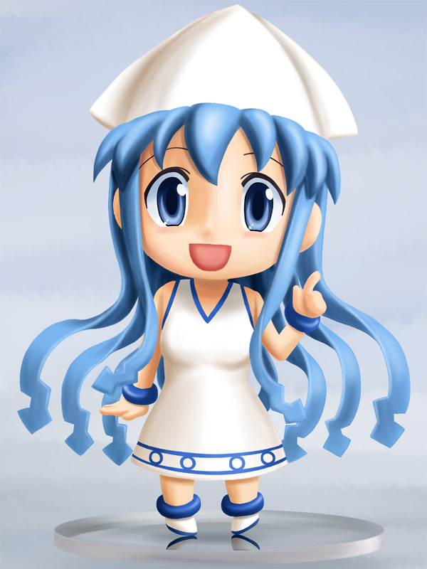 blue_eyes blue_hair bracelet chibi dress hat ikamusume jewelry lielos long_hair nendoroid open_mouth shinryaku!_ikamusume smile solo tentacle_hair tentacles