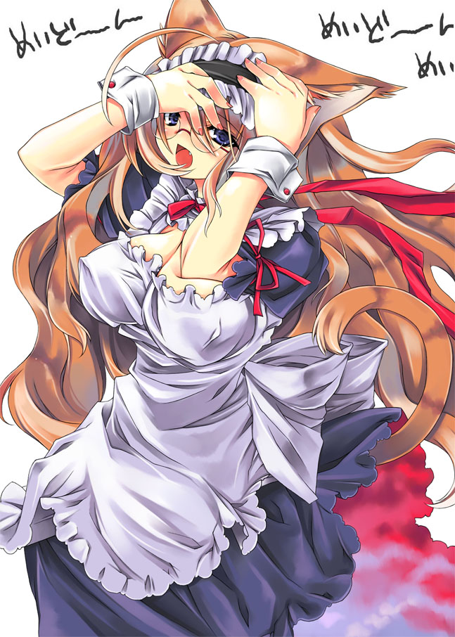 blue_eyes brown_hair cat_ears catgirl eyewear female glasses hair long_brown_hair long_hair maid maid_uniform plain_background solo tail unknown_artist white_background