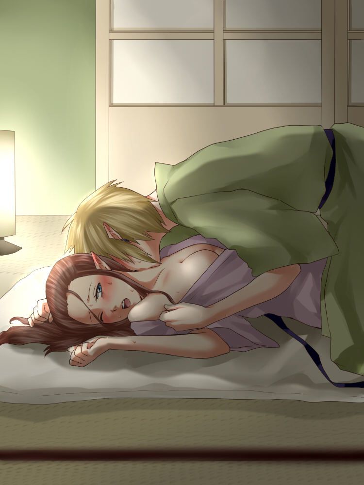 1girl blonde_hair blue_eyes blush brown_hair couple earrings hetero japanese_clothes jewelry kimono kiss link necking pointy_ears princess_zelda the_legend_of_zelda the_legend_of_zelda:_twilight_princess undressing wasabi_(legemd) wince yukata