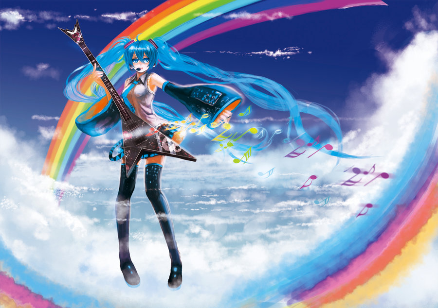 ahoge blue_eyes blue_hair boots cloud commentary_request day detached_sleeves guitar hatsune_miku headset ilmkilt instrument left-handed long_hair musical_note necktie rainbow skirt sky solo thigh_boots thighhighs twintails very_long_hair vocaloid