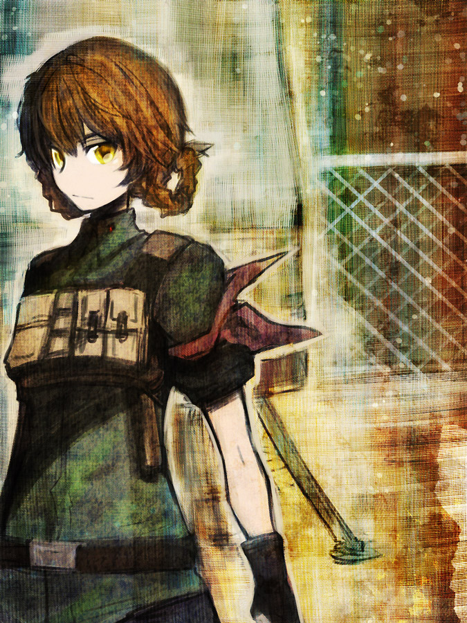 amane_suzuha armband belt braid brown_hair doraeshi gloves solo steins;gate tactical_vest twin_braids yellow_eyes