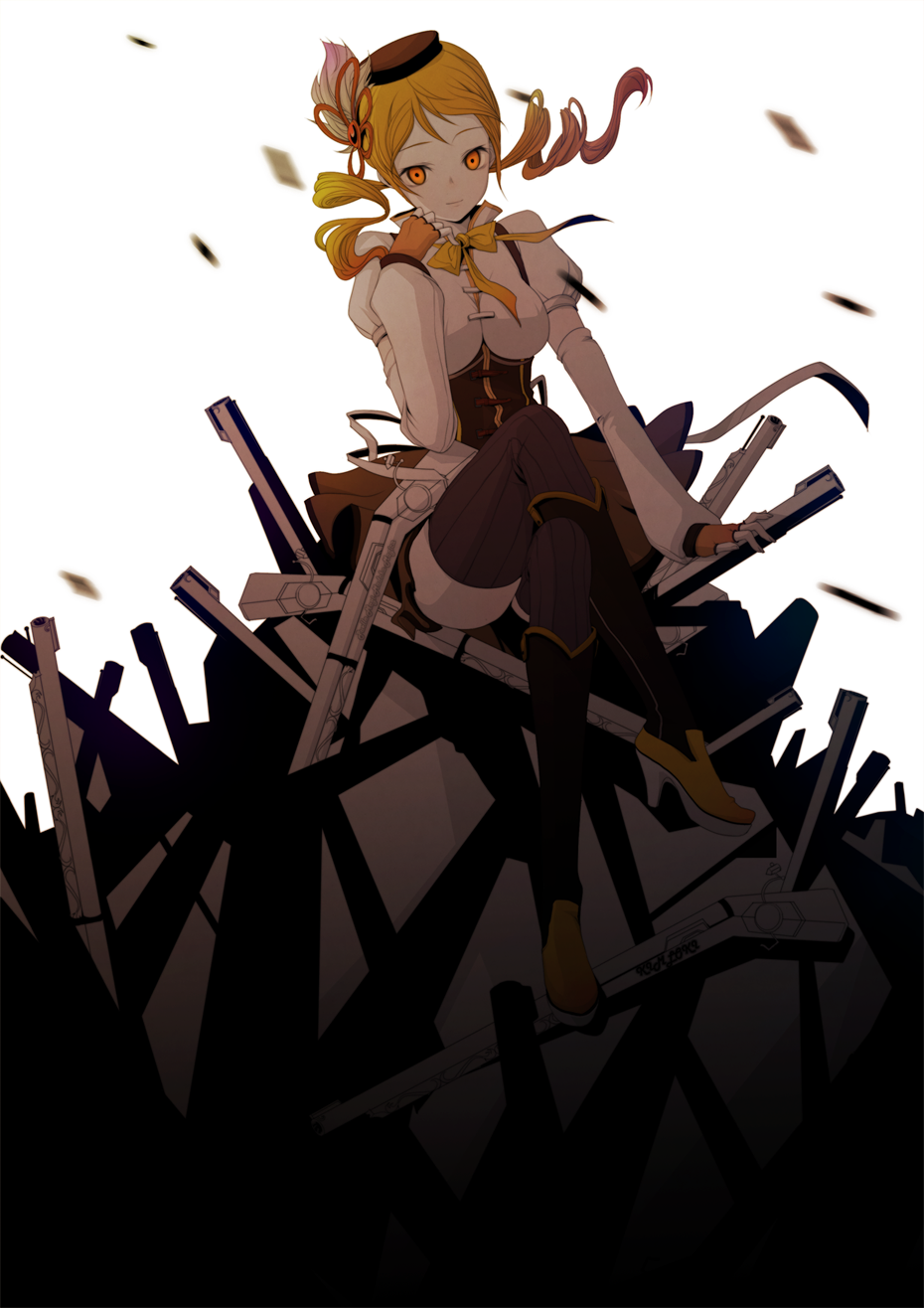 bad_id bad_pixiv_id beret blonde_hair blurry boots bow corset crossed_legs depth_of_field detached_sleeves drill_hair fingerless_gloves gloves gun hair_ornament hairpin hat highres kimloki magical_musket mahou_shoujo_madoka_magica rifle sitting skirt solo thighhighs tomoe_mami twin_drills twintails weapon