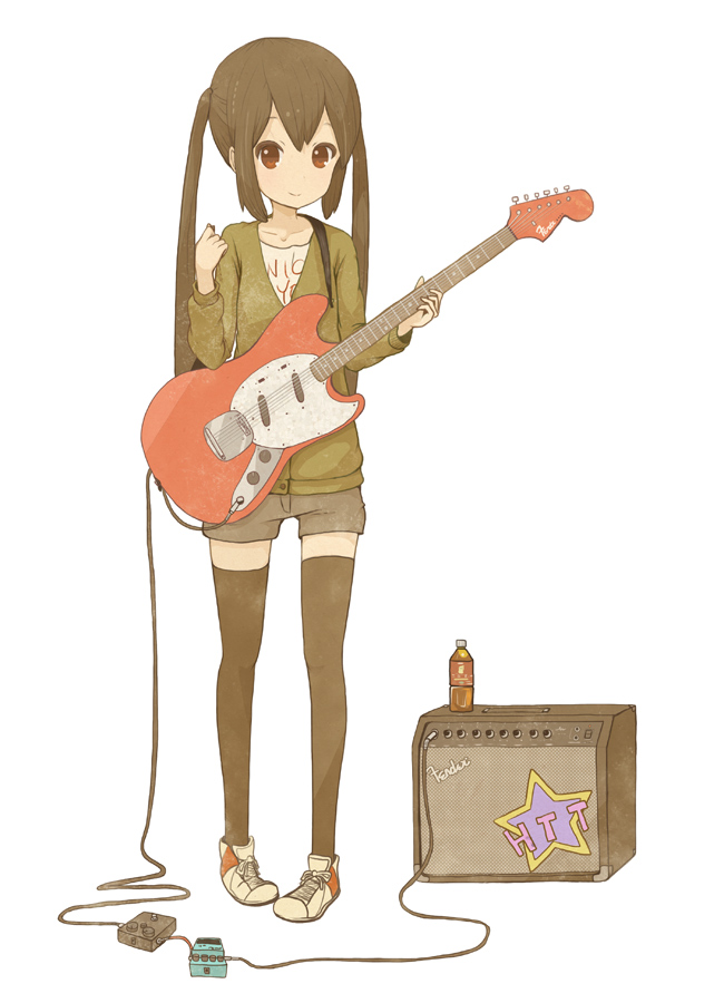 amplifier bad_id bad_pixiv_id black_hair bottle brown_eyes cardigan effects_pedal electric_guitar fender guitar instrument k-on! kamo_(shiraokamo) long_hair nakano_azusa pigeon-toed shorts sidelocks simple_background solo standing thighhighs twintails