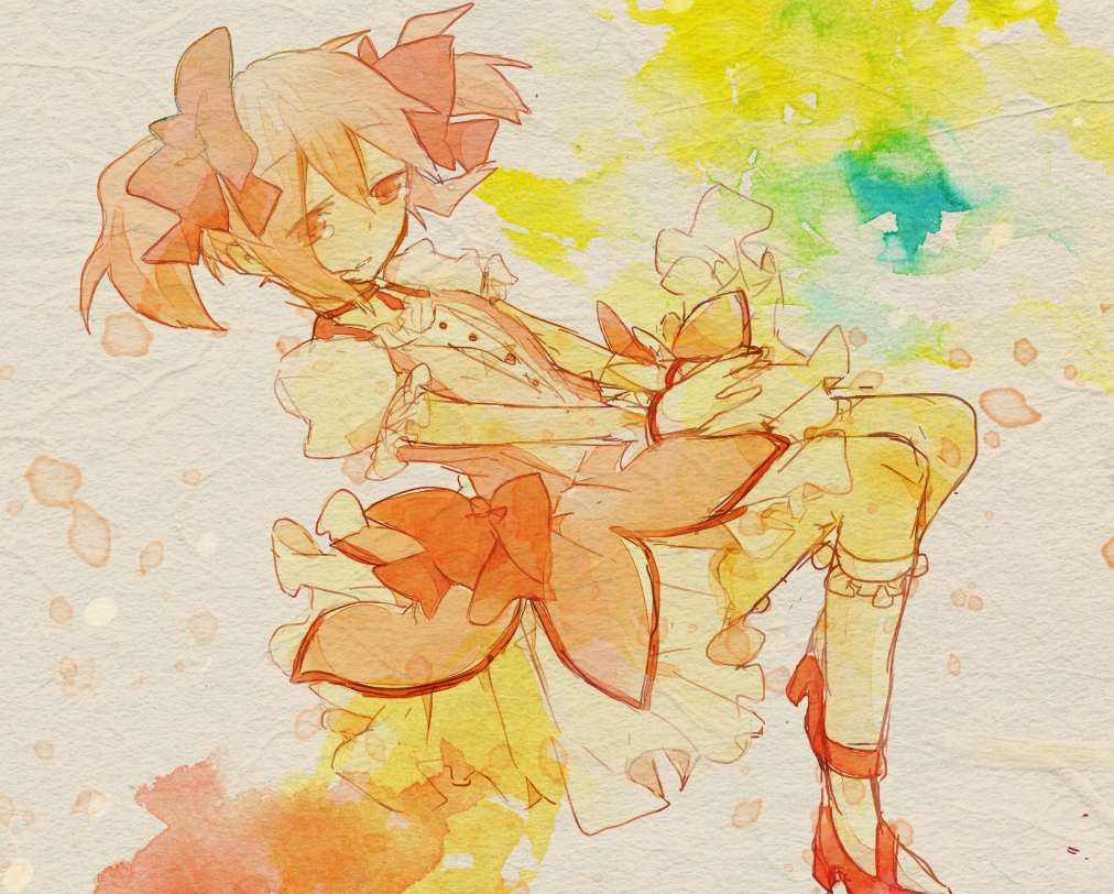 amemura_aya bad_id bad_pixiv_id bow dress gloves hair_bow hair_ribbon kaname_madoka magical_girl mahou_shoujo_madoka_magica pink_eyes pink_hair ribbon shoes short_hair short_twintails sketch solo tears twintails