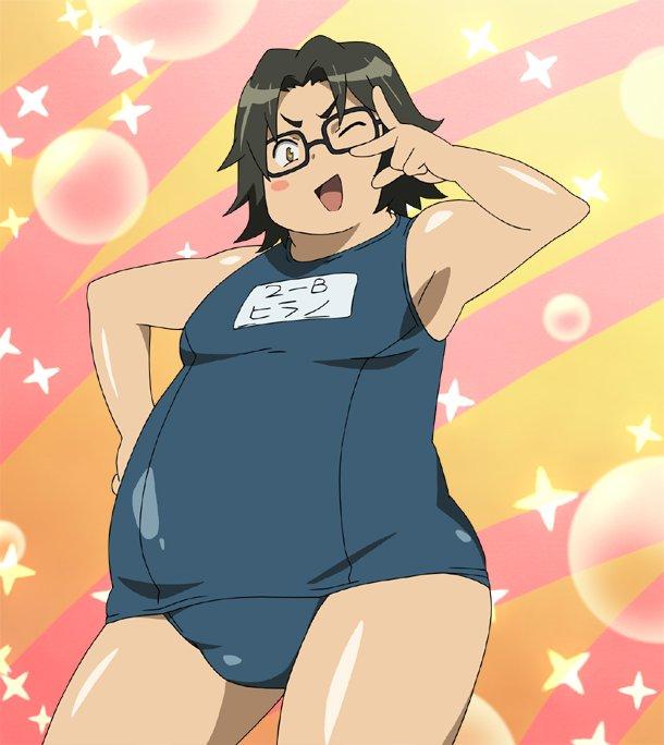 armpits crossdressing fat glasses highschool_of_the_dead hirano_kouta_(hsotd) jpeg_artifacts male_focus name_tag school_swimsuit solo swimsuit