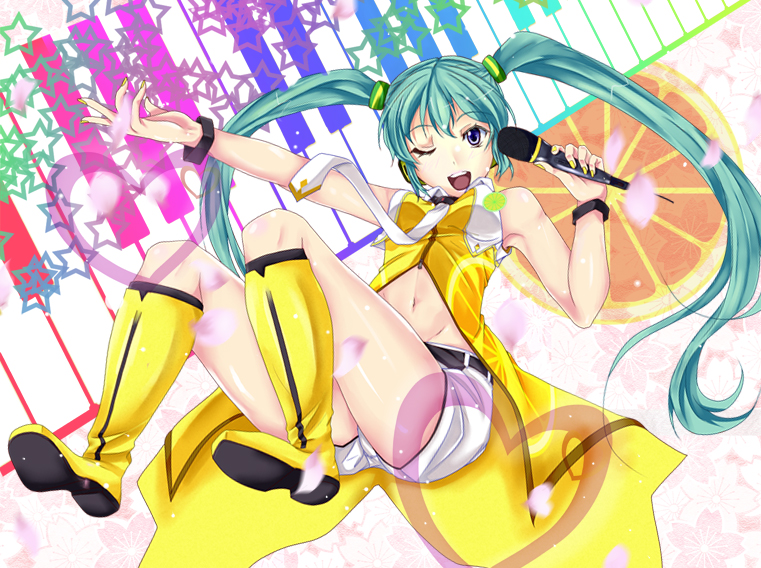 alternate_costume belt boots bracelet floral_background food fruit hatsune_miku heart jewelry long_hair microphone midriff navel oimari one_eye_closed open_mouth petals piano_keys project_diva_(series) project_diva_2nd shorts sleeveless solo star twintails very_long_hair vocaloid yellow_(vocaloid)